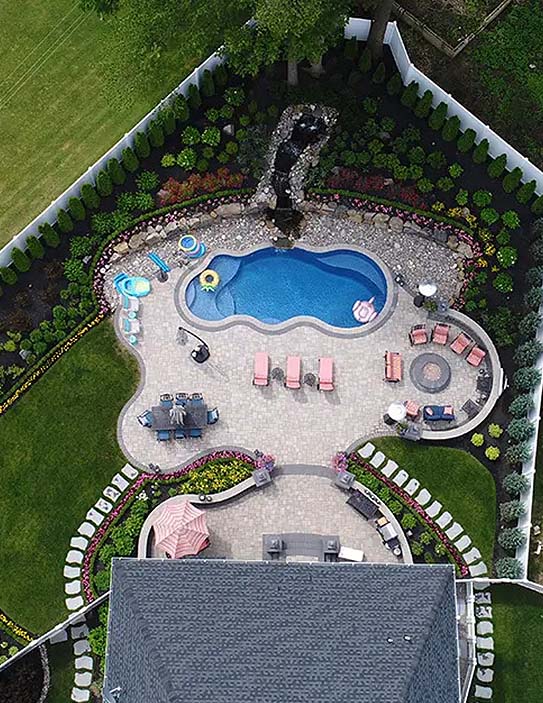 Top view of lawn and small pool